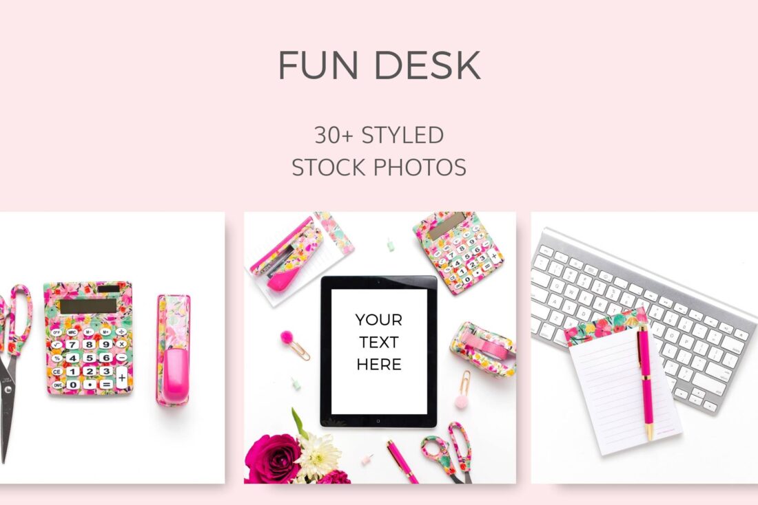Fun Colorful Flatlay lay flat Desk Supplies Styled Stock Photos Pink Yellow Teal