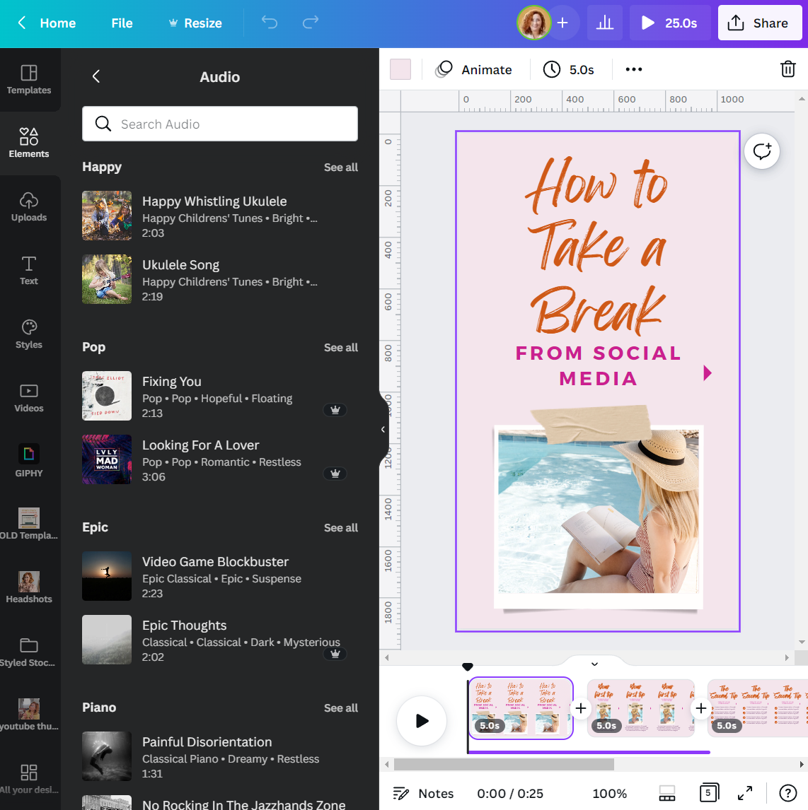 How to add MUSIC or VOICE OVER to Pinterest Idea Pins using CANVA - audio