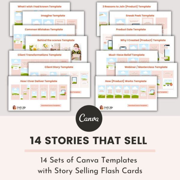 14 Sets of Instagram Stories that sell + Flash Cards (Canva templates)