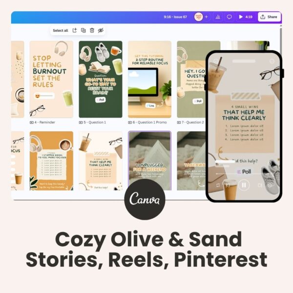 Cozy Olive and Sand Reels, Stories, and Pinterest (30+ Canva templates)
