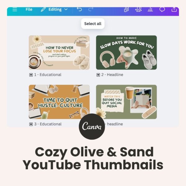 Cozy Olive and Sand - YouTube Thumbnails (Canva templates)