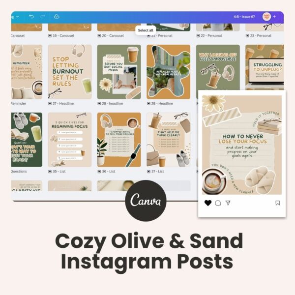 Cozy Olive & Sand Instagram, Carousels, Blogs (30+ Canva templates)