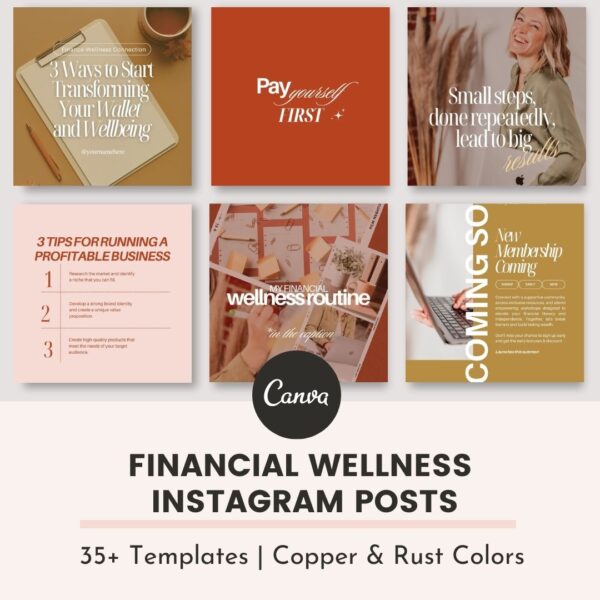 Sienna - 30 Copper Instagram Templates For Coaches (1080 x 1350 Canva templates) Financial Wellness Theme