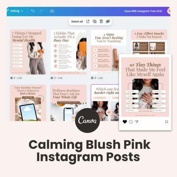 Calming Blush Pink -  Instagram, Carousels, Blogs (30+ Canva templates)