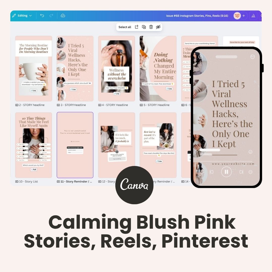 Calming Blush Pink - Reels, Stories, and Pinterest (30+ Canva templates)