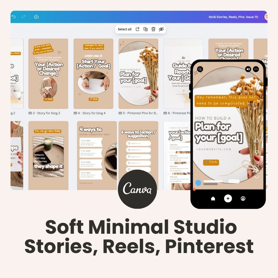 Soft Miniaml Studio- Reels, Stories, and Pinterest (30+ Canva templates)